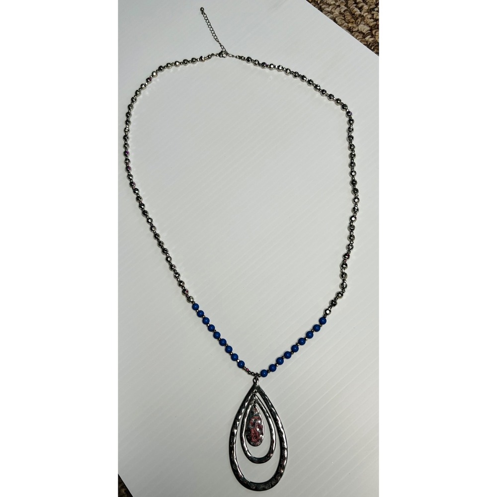 Hammered Silver Triple Teardrop Pendant Necklace Blue Beaded Boho Long Chain